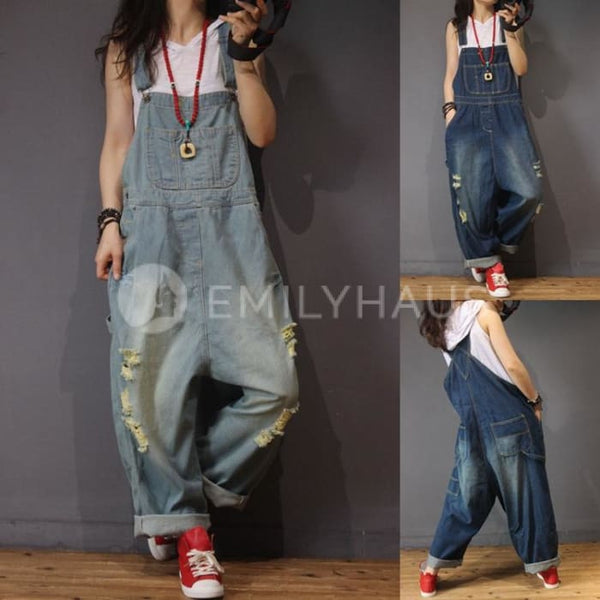 Oversized Ripped Denim Jumpsuits [Pre-Order] Color: Blue - One Size Playsuits &