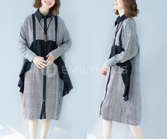 Oversized Ruffled Plaid Stitching Dresses [Pre-Order] Color: Gray - Size: L Xl
