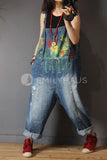 Oversized Splash Print Denim Jumpsuits [Pre-Order] Color: Blue - One Size Playsuits &