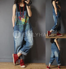 Oversized Splash Print Denim Jumpsuits [Pre-Order] Color: Blue - One Size Playsuits &