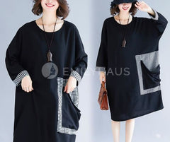 Oversized Stitched Pleated With Pockets Dress [Pre-Order] Color: Black - Size: L-Xl Dresses