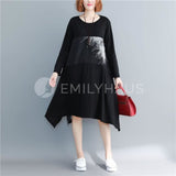 Oversized Stitched Print With Irregular Hem Dress [Pre-Order] Color: Black - One Size Dresses