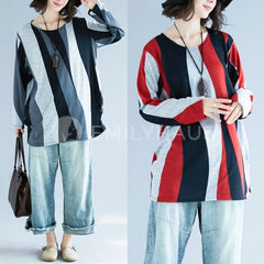 Oversized Stripe Long-Sleeved Top [Pre-Order] Color: Gray/red - One Size Tops