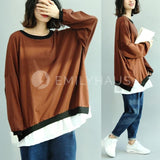 Oversized Stripe Long-Sleeved Tops [Pre-Order] Color: Brown/red - One Size Hoodies & Sweatshirt