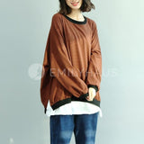 Oversized Stripe Long-Sleeved Tops [Pre-Order] Color: Brown/red - One Size Hoodies & Sweatshirt