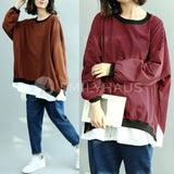 Oversized Stripe Long-Sleeved Tops [Pre-Order] Color: Brown/red - One Size Hoodies & Sweatshirt
