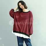 Oversized Stripe Long-Sleeved Tops [Pre-Order] Color: Brown/red - One Size / Red Hoodies &