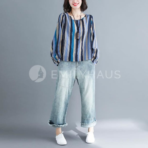 Oversized Stripe Top [Pre-Order] Color: Blue/green - One Size / Blue Tops