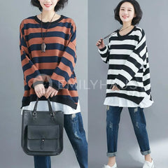 Oversized Striped Sweatshirt [Pre-Order] Color: Black/white/pink/brown - Size: Xl Tops