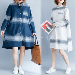 Oversized Stripes Shirt With Irregular Hem [Pre-Order] Color: Blue/white - Size: L Xl Dresses