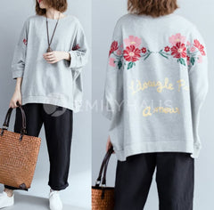 Oversized Sweatshirt With Floral Print [Pre-Order] Color: Gray - One Size Tops