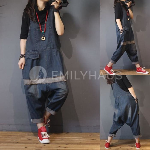 Oversized Thigh Hanging Denim Jumpsuits [Pre-Order] Color: Blue - One Size Playsuits &