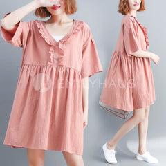 Oversized V-Neck Dress With Frilled Hem [Pre-Order] Color: Pink - Size: L-Xxl Dresses