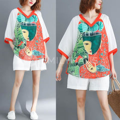 Oversized V-Neck Graphic Top [Pre-Order] One Size Tops