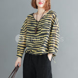 Oversized V-Neck Long Sleeve Stripe Top [Pre-Order] - One Size Tops