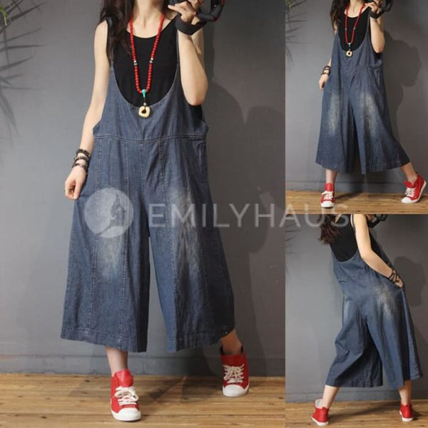 Oversized Washed Denim Jumpsuits [Pre-Order] Color: Blue - One Size Playsuits &