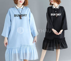 Polo Shirt Mesh Hem Dresses [Pre-Order] Color: Black/blue - One Size