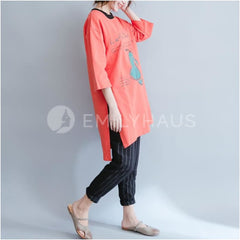 Printed 3/4 Sleeve Side Split Top [Pre-Order] Color: Orange - One Size Tops