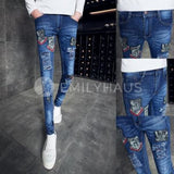 Printed Skinny Fit Jeans [Pre-Order] Color: White/blue/black - Size: W26-33 26 / Blue