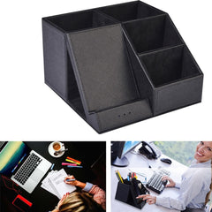 Durable Multifunction Organizer Station Container Stand Office Pen Holder PU Leather Wireless Charger Universal Black Desktop