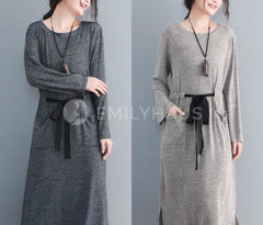 Round Neck Long Dress With Drawstring Waist [Pre-Order] Color: Gray/black - Size: L-Xxl Dresses