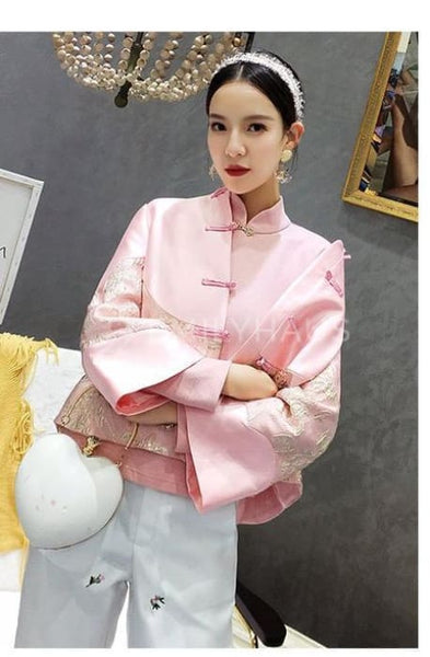 Slim-Fit Cheongsam Tops [Pre-Order] Color: Green/pink/blue/beige - Size: S-Xl S / Pink