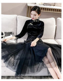 Slim-Fit Velvet Cheongsam Tops [Pre-Order] Color: Black/red - Size: S-Xl