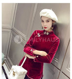 Slim-Fit Velvet Cheongsam Tops [Pre-Order] Color: Black/red - Size: S-Xl