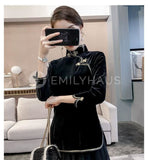Slim-Fit Velvet Cheongsam Tops [Pre-Order] Color: Black/red - Size: S-Xl