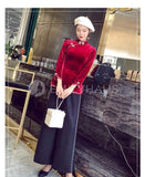 Slim-Fit Velvet Cheongsam Tops [Pre-Order] Color: Black/red - Size: S-Xl S / Red