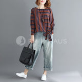 Stripe Long-Sleeve With Bow Tie Hem Tops [Pre-Order] Color: Brown/green - Size: M-Xl M / Brown