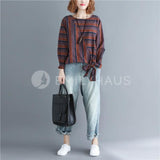 Stripe Long-Sleeve With Bow Tie Hem Tops [Pre-Order] Color: Brown/green - Size: M-Xl