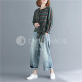 Stripe Long-Sleeve With Bow Tie Hem Tops [Pre-Order] Color: Brown/green - Size: M-Xl