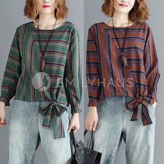 Stripe Long-Sleeve With Bow Tie Hem Tops [Pre-Order] Color: Brown/green - Size: M-Xl