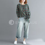 Stripe Long-Sleeve With Bow Tie Hem Tops [Pre-Order] Color: Brown/green - Size: M-Xl M / Green