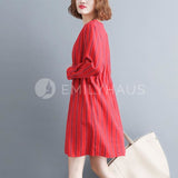 Stripes Dress With Drawstring Waist [Pre-Order] Color: Red - Size: L Xl Dresses