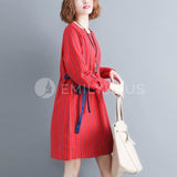Stripes Dress With Drawstring Waist [Pre-Order] Color: Red - Size: L Xl Dresses