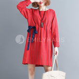 Stripes Dress With Drawstring Waist [Pre-Order] Color: Red - Size: L Xl Dresses