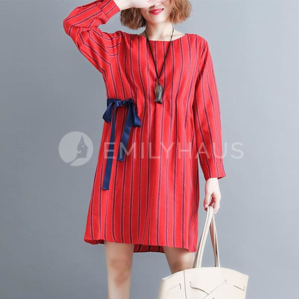 Stripes Dress With Drawstring Waist [Pre-Order] Color: Red - Size: L Xl Dresses