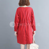 Stripes Dress With Drawstring Waist [Pre-Order] Color: Red - Size: L Xl Dresses