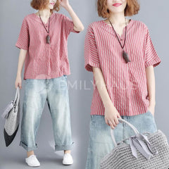 V-Neck Stripe Top [Pre-Order] Color: Red - Size: L-3Xl Tops
