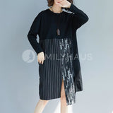Vertical Stripes Split Hem Long Sleeve Dresses [Pre-Order] Color: Black/gray - One Size