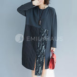 Vertical Stripes Split Hem Long Sleeve Dresses [Pre-Order] Color: Black/gray - One Size