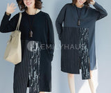 Vertical Stripes Split Hem Long Sleeve Dresses [Pre-Order] Color: Black/gray - One Size