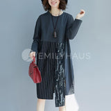Vertical Stripes Split Hem Long Sleeve Dresses [Pre-Order] Color: Black/gray - One Size / Gray