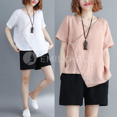Wrap V-Neck Top [Pre-Order] Color: Pink/white - Size: L-Xl Tops